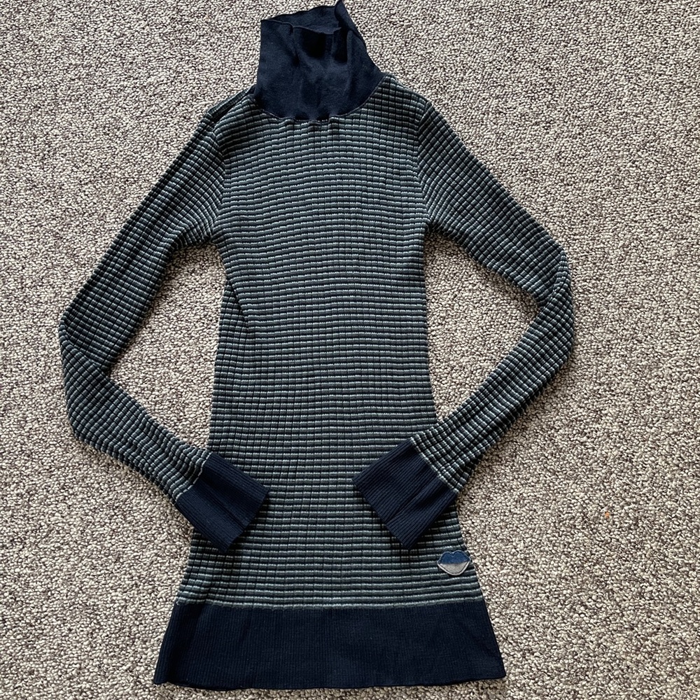 Vintage 90s Sonia Rykiel Turtleneck Ribbed Blue Lips Striped Sweater Top XS